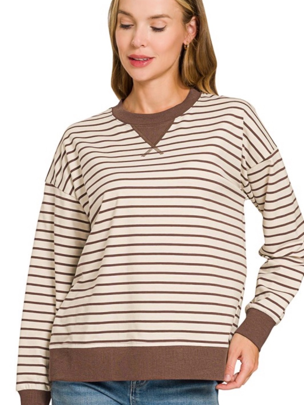 Zenana Cream and mocha Striped Pullover Sweatshirt